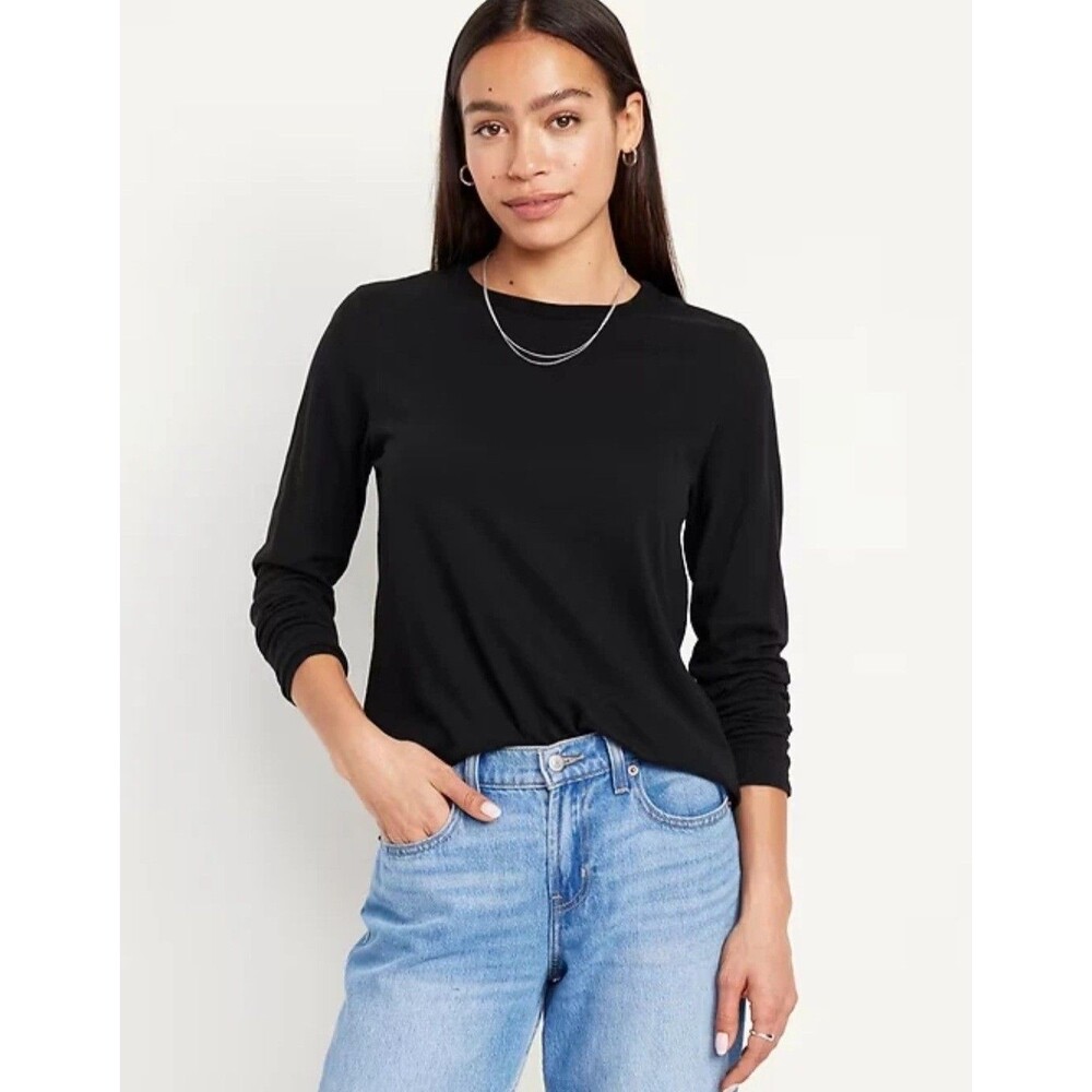 Old Navy EveryWear Crewneck Long Sleeve T-Shirt Black Pull Over Women M Cotton